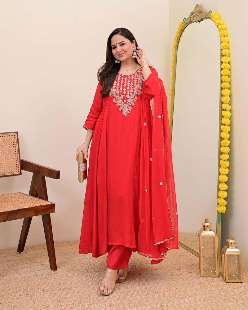 Scarlet Red A Line Handwork Chanderi Silk Festive Suit