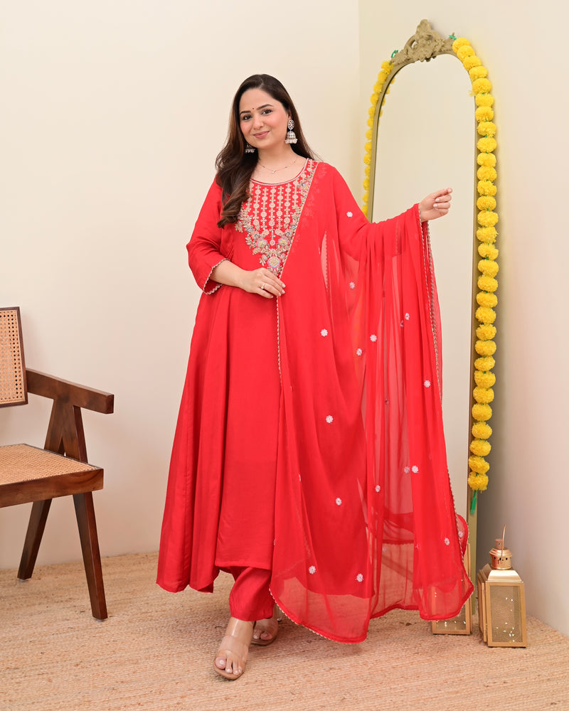 Scarlet Red A Line Handwork Chanderi Silk Festive Suit