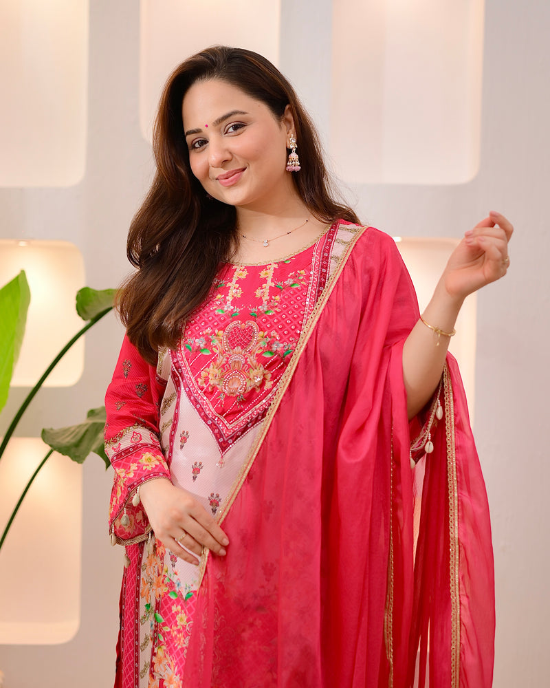 Pink Pearls & Shells Crepe Handwork Suit