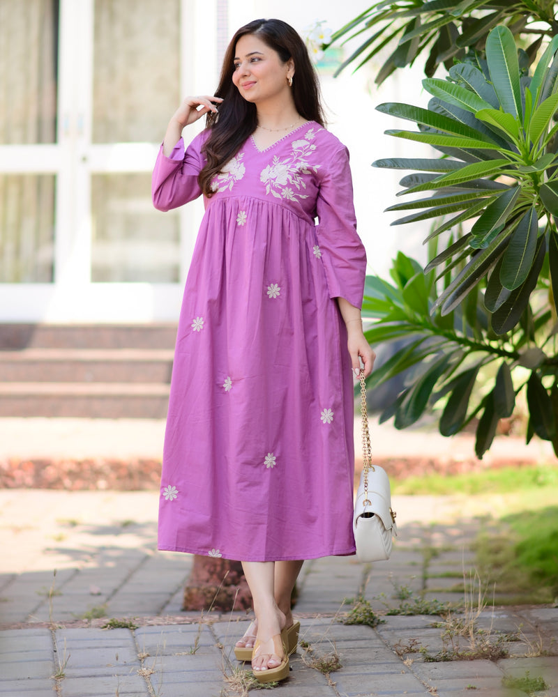 Orchid Mul Cotton Thread Embroidered A Line Dress