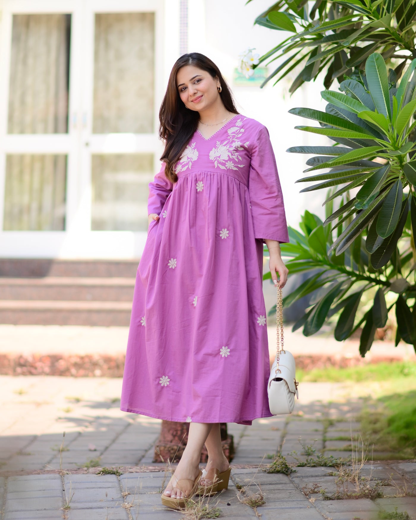 Orchid Purple Threadwork A Line Cotton Designer Maxi Dress For