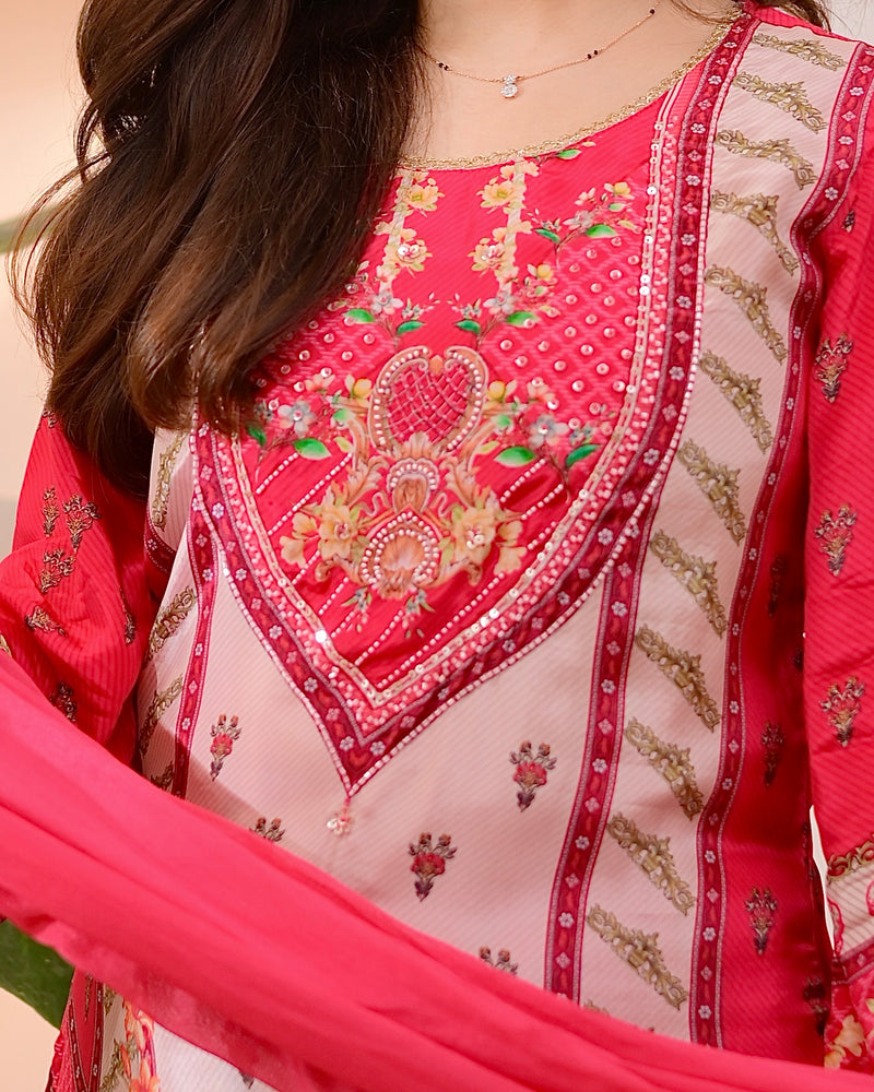 Pink Pearls & Shells Crepe Handwork Suit