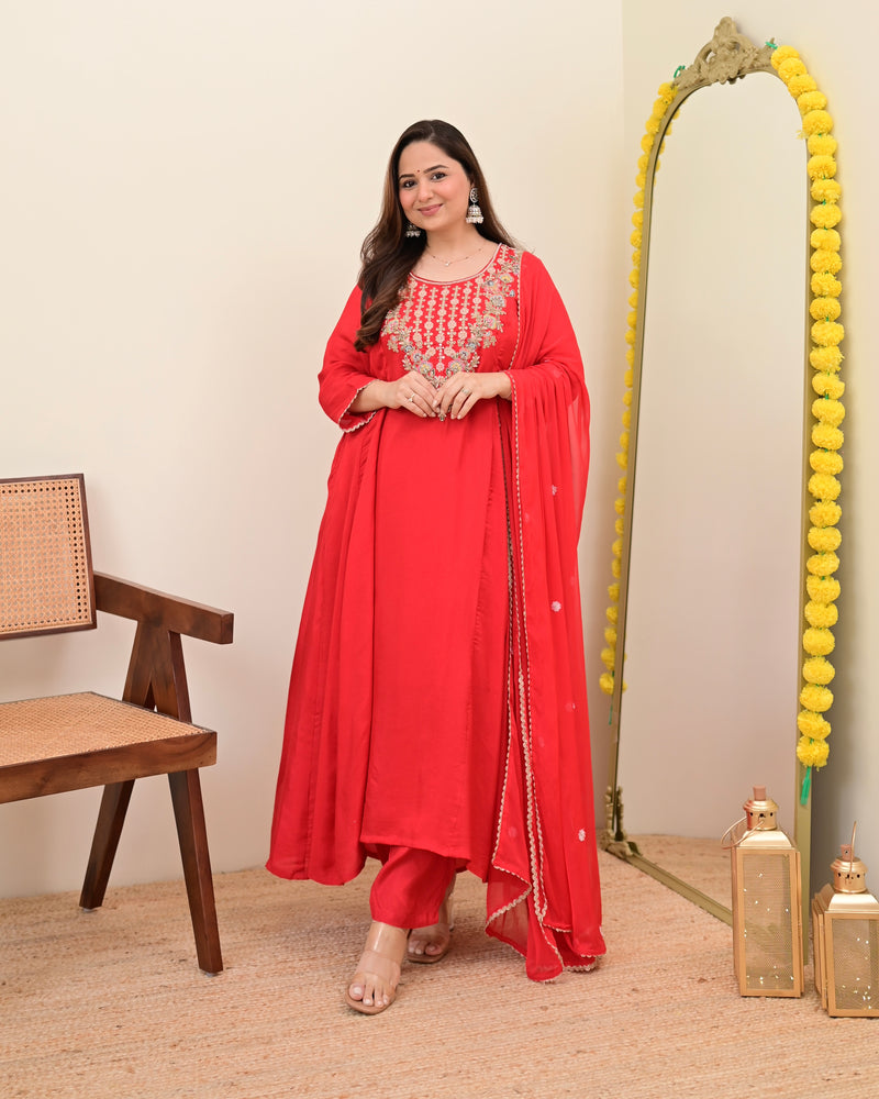Scarlet Red A Line Handwork Chanderi Silk Festive Suit