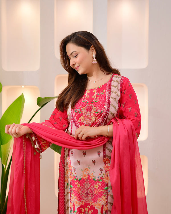Pink Pearls & Shells Crepe Handwork Suit