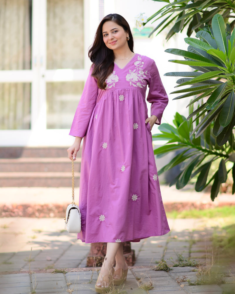 Orchid Mul Cotton Thread Embroidered A Line Dress