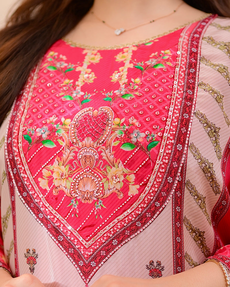 Pink Pearls & Shells Crepe Handwork Suit