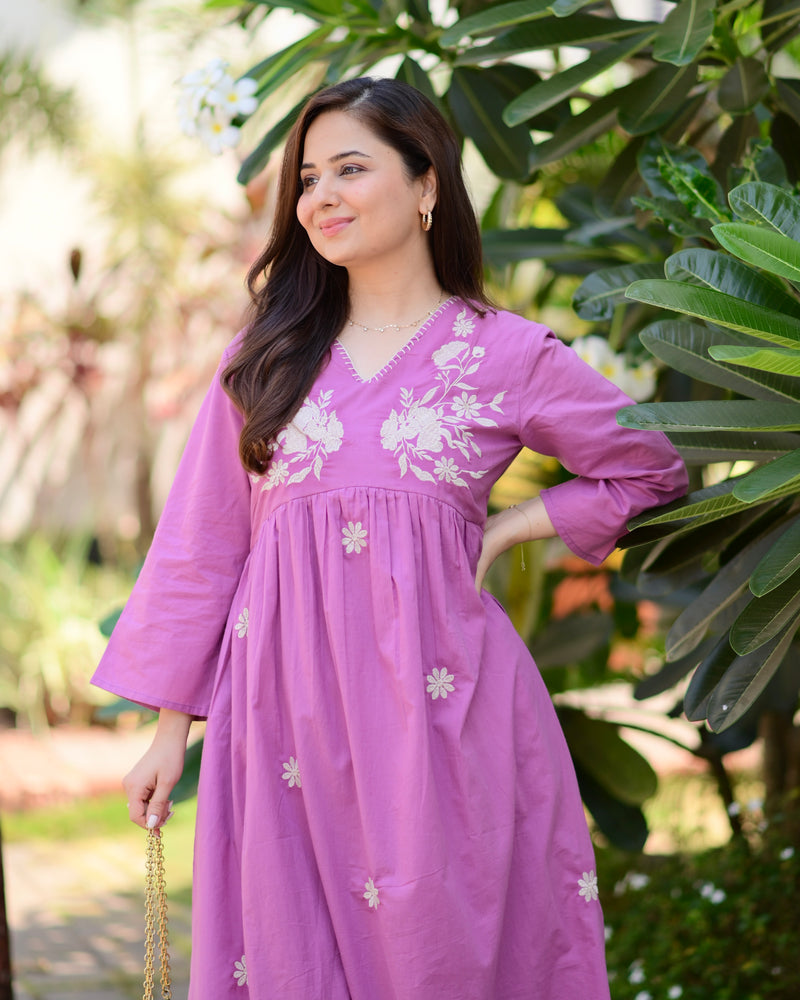 Orchid Mul Cotton Thread Embroidered A Line Dress