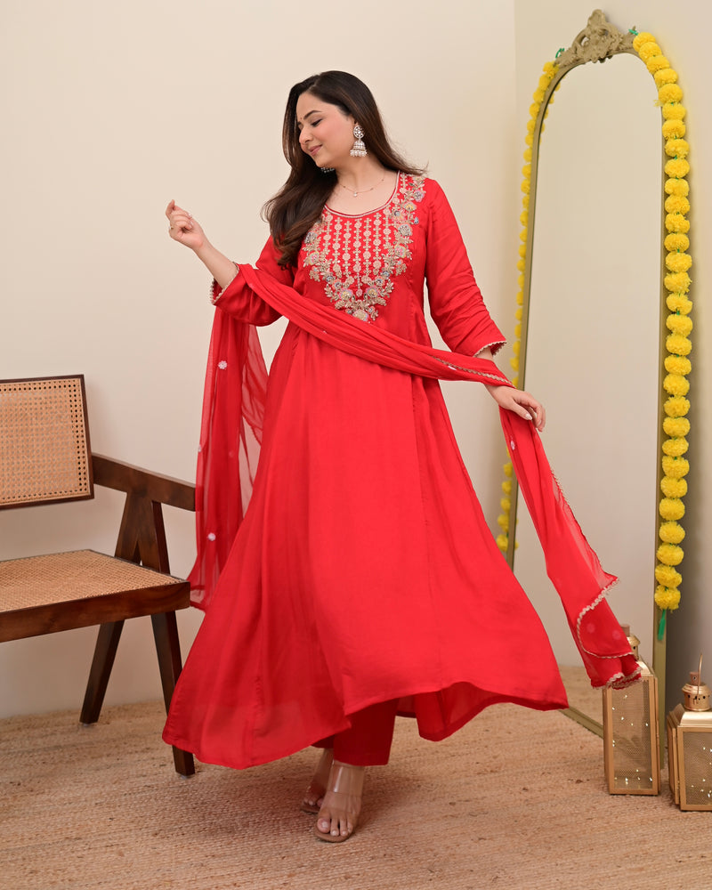 Scarlet Red A Line Handwork Chanderi Silk Festive Suit