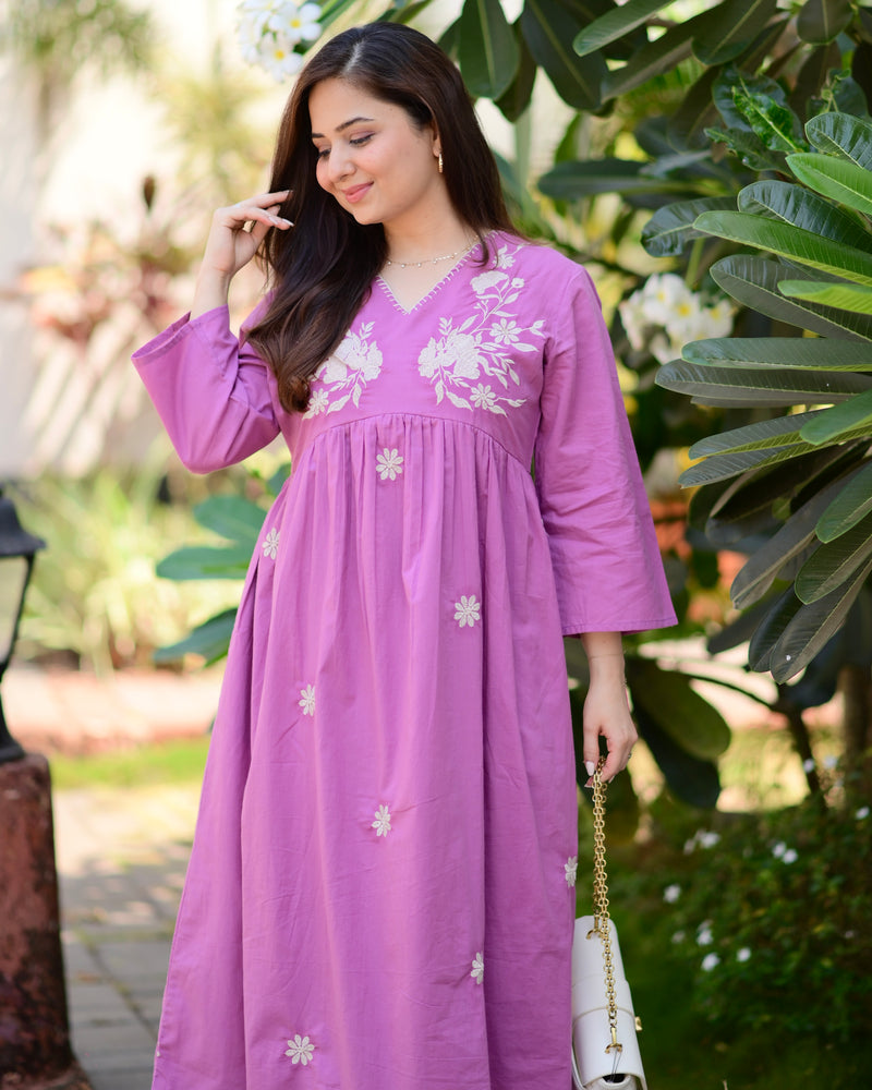 Orchid Mul Cotton Thread Embroidered A Line Dress