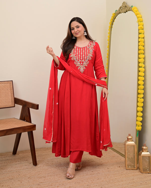 Scarlet Red A Line Handwork Chanderi Silk Festive Suit