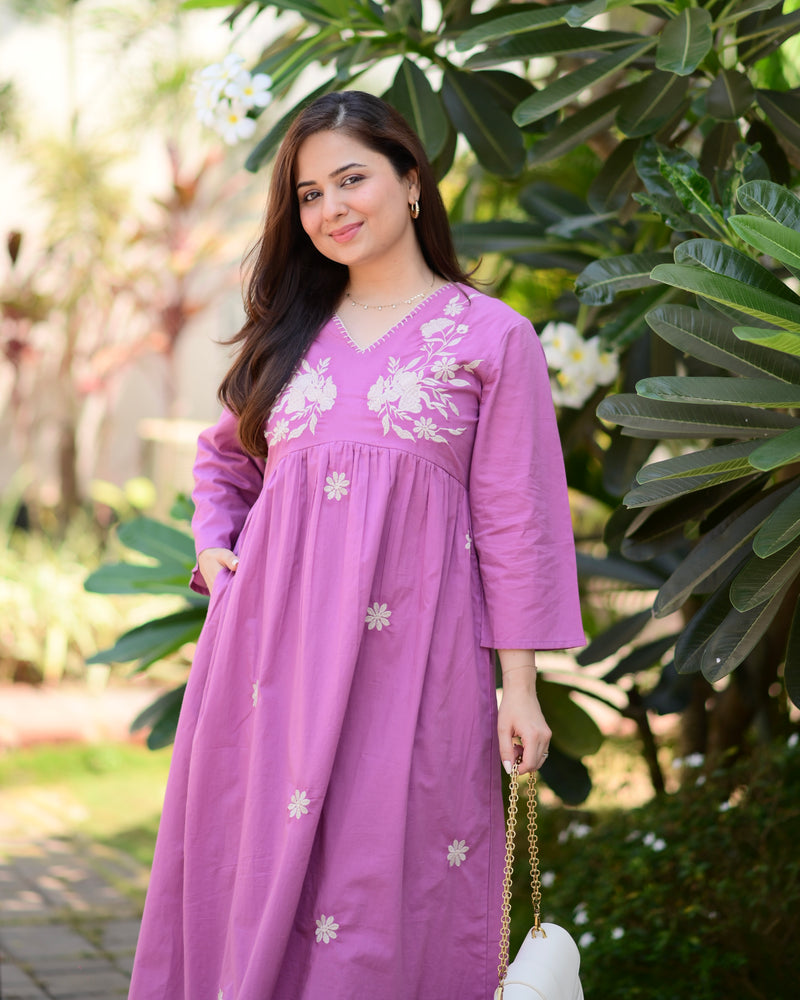 Orchid Mul Cotton Thread Embroidered A Line Dress