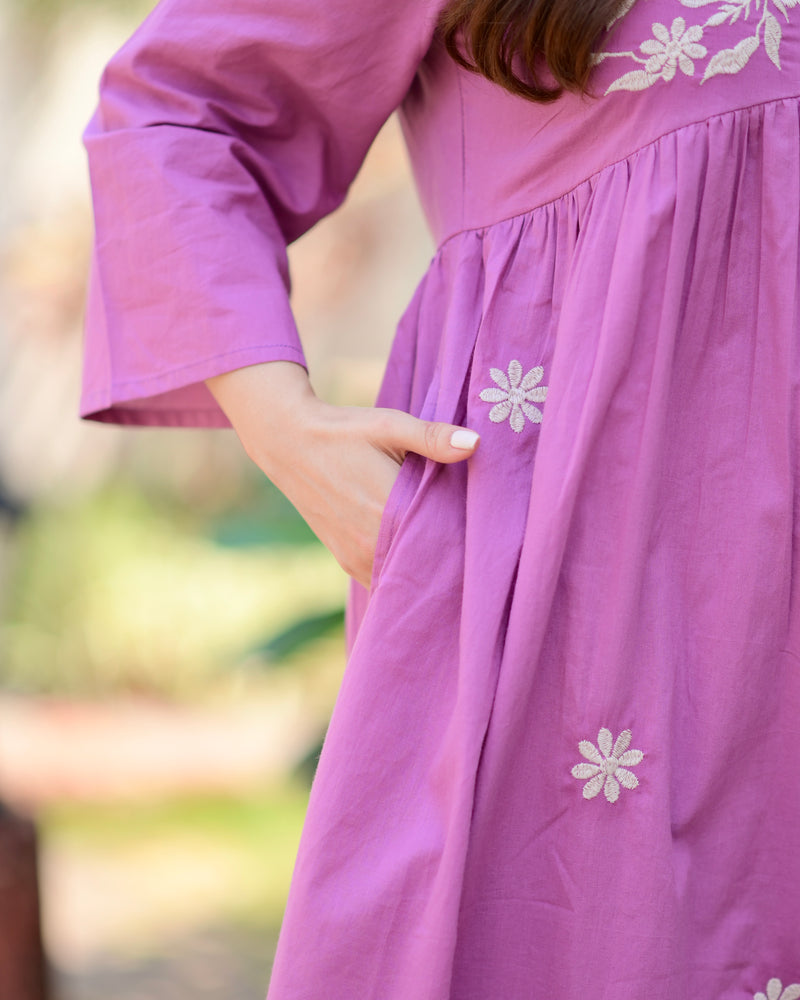 Orchid Mul Cotton Thread Embroidered A Line Dress