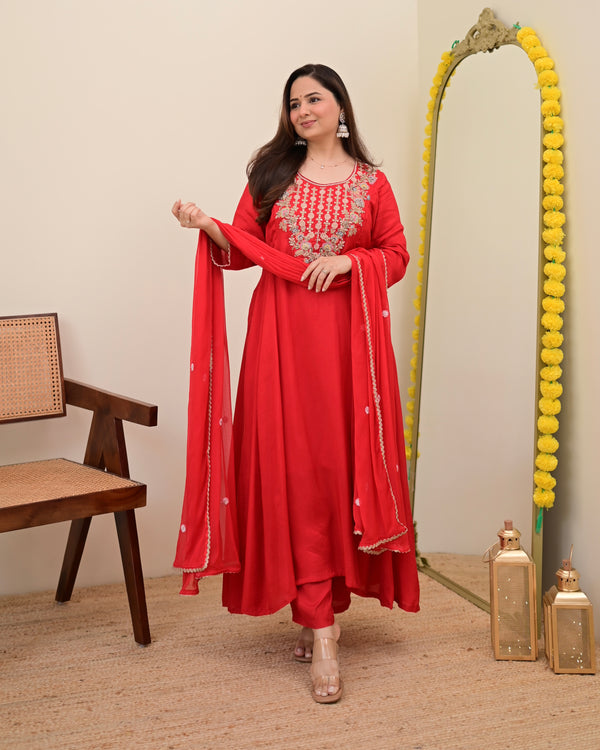 Scarlet Red A Line Handwork Chanderi Silk Festive Suit