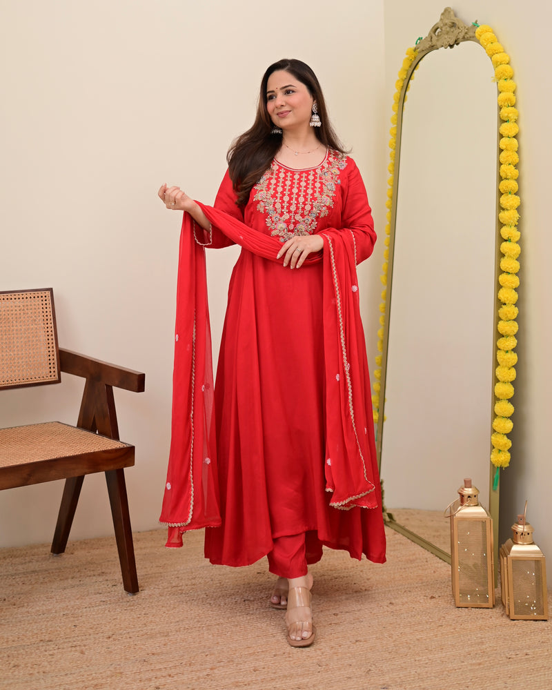 Scarlet Red A Line Handwork Chanderi Silk Festive Suit