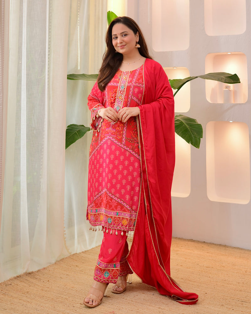 Crimson Handwork Patch Print Crepe Suit