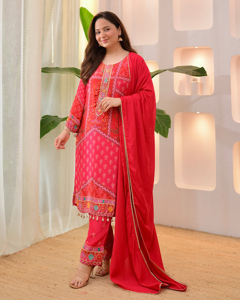 Crimson Handwork Patch Print Crepe Suit