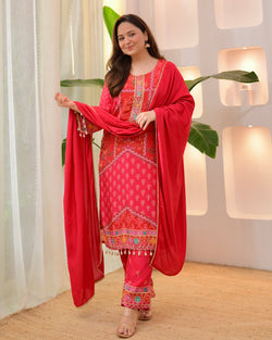 Crimson Handwork Patch Print Crepe Suit