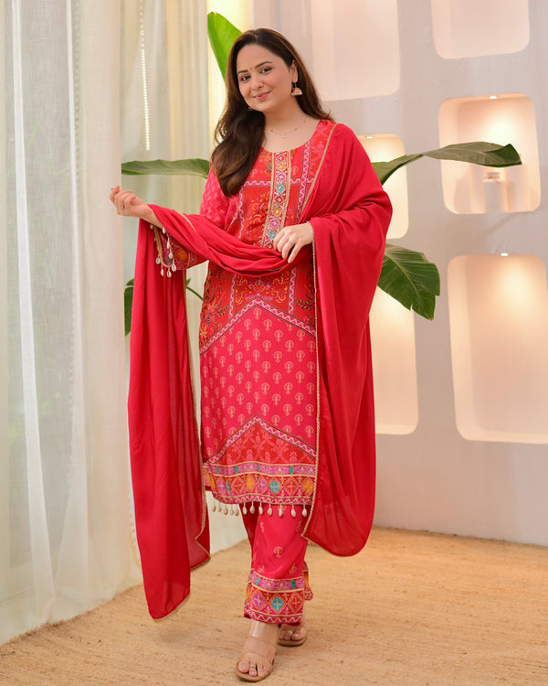 Crimson Handwork Patch Print Crepe Suit