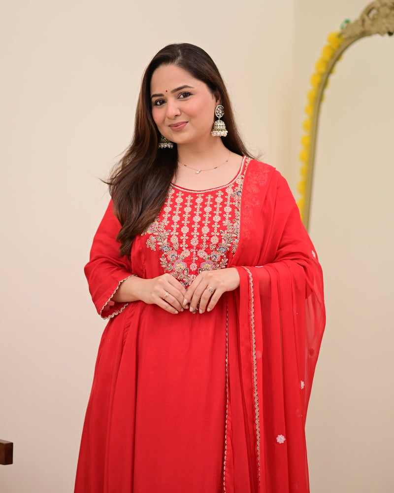 Scarlet Red A Line Handwork Chanderi Silk Festive Suit