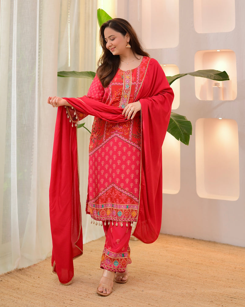 Crimson Handwork Patch Print Crepe Suit
