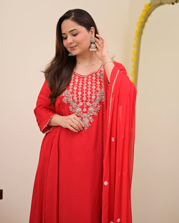 Scarlet Red A Line Handwork Chanderi Silk Festive Suit