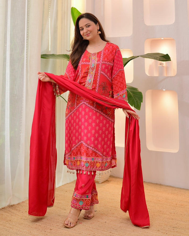 Crimson Handwork Patch Print Crepe Suit