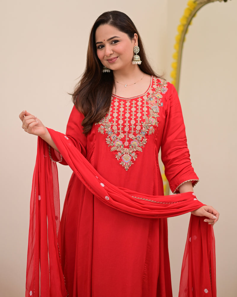 Scarlet Red A Line Handwork Chanderi Silk Festive Suit