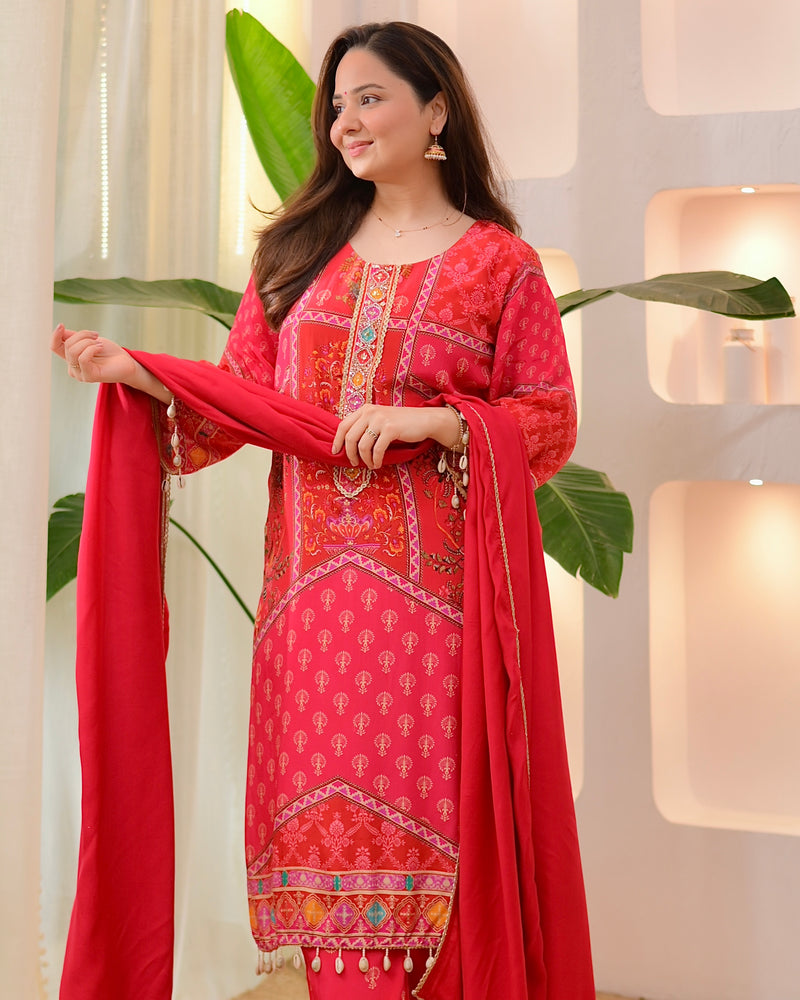 Crimson Handwork Patch Print Crepe Suit
