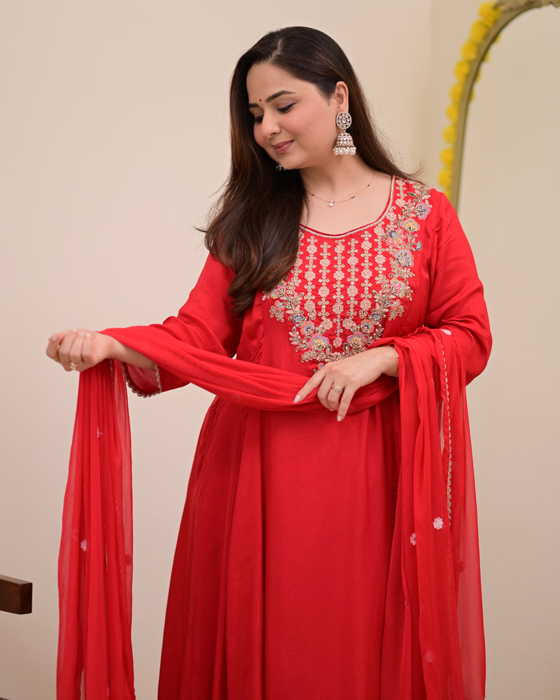 Scarlet Red A Line Handwork Chanderi Silk Festive Suit