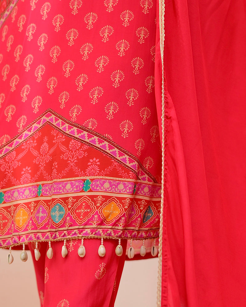 Crimson Handwork Patch Print Crepe Suit