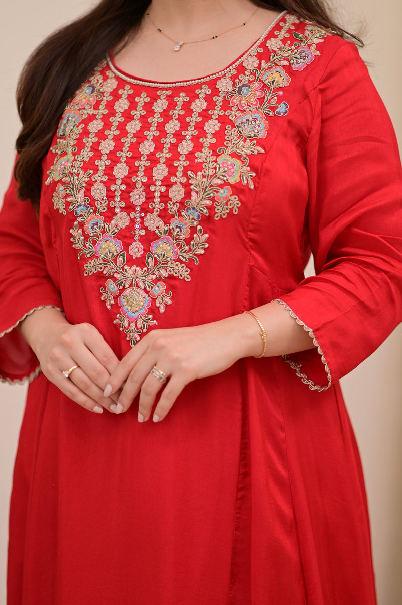 Scarlet Red A Line Handwork Chanderi Silk Festive Suit