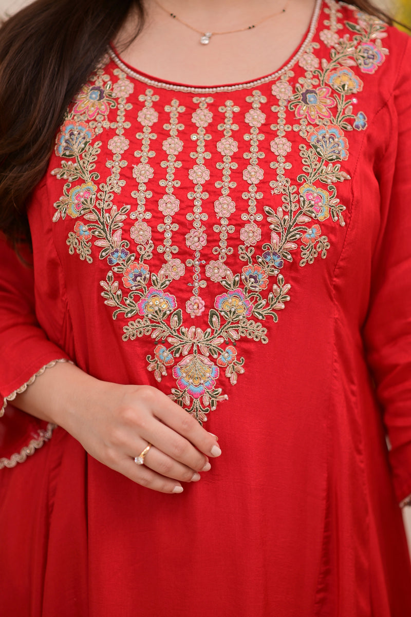 Scarlet Red A Line Handwork Chanderi Silk Festive Suit
