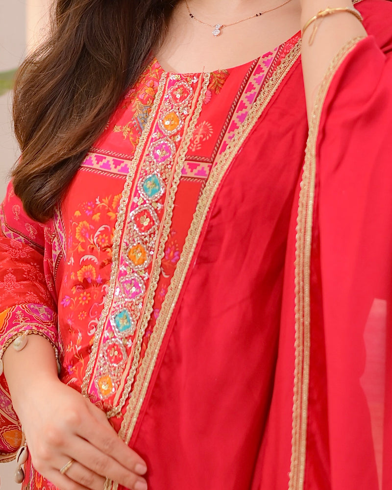 Crimson Handwork Patch Print Crepe Suit
