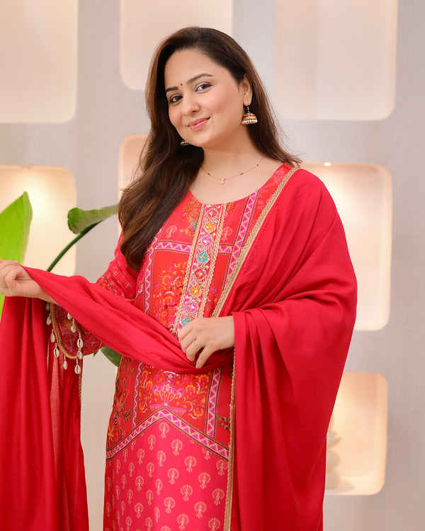 Crimson Handwork Patch Print Crepe Suit