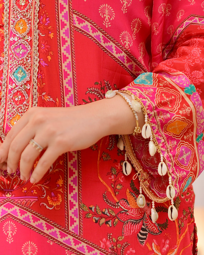 Crimson Handwork Patch Print Crepe Suit