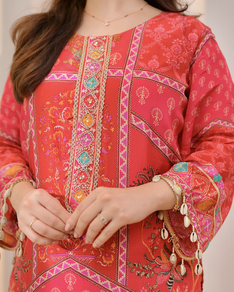 Crimson Handwork Patch Print Crepe Suit