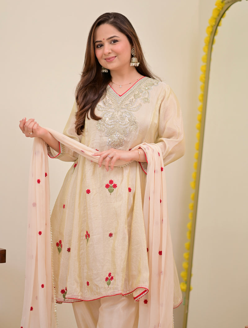 Ivory Shimmer Tissue Handwork A Line Festive Suit
