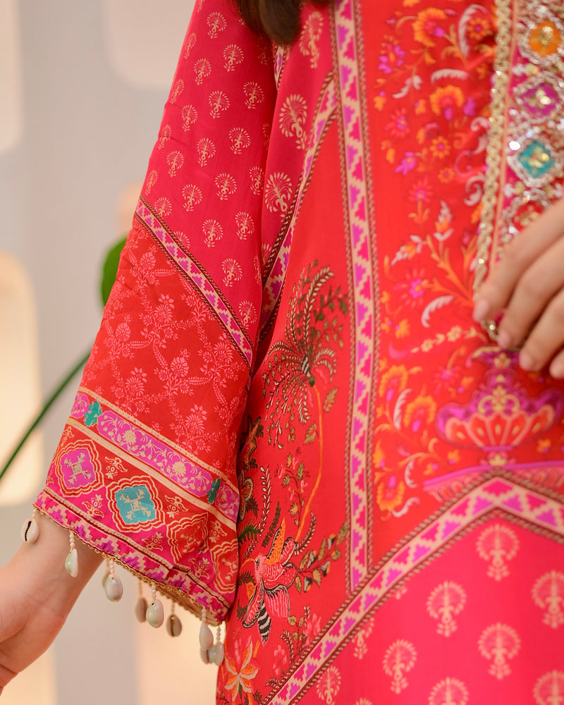 Crimson Handwork Patch Print Crepe Suit
