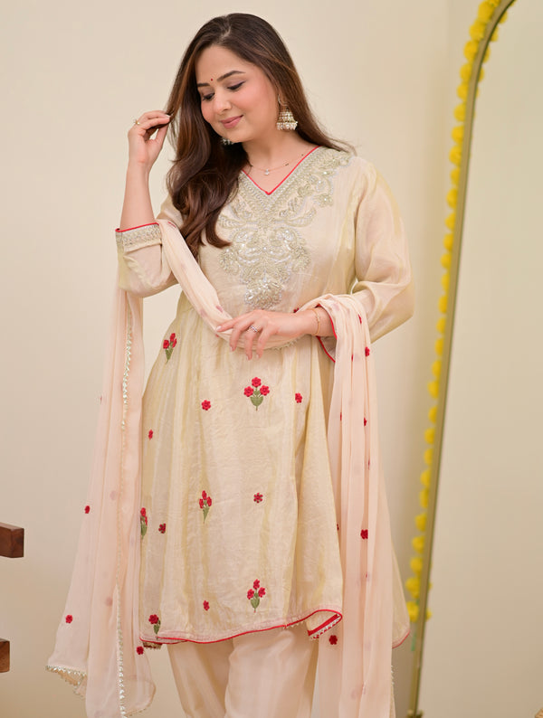 Ivory Shimmer Tissue Handwork A Line Festive Suit