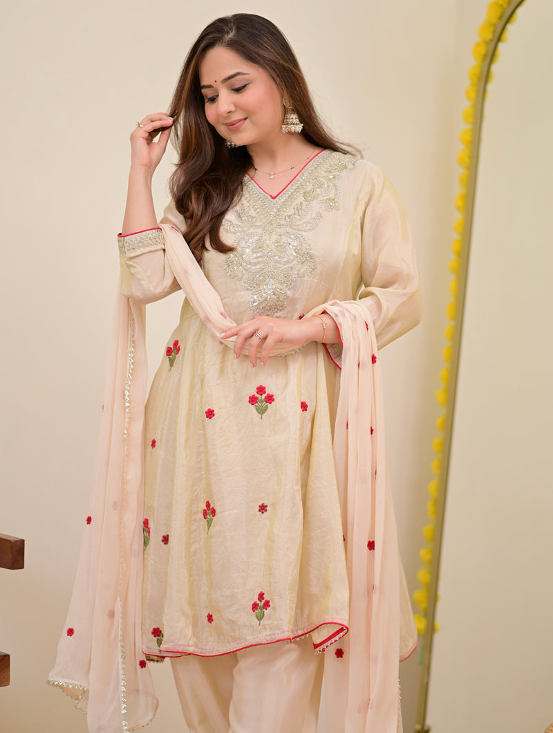 Ivory Shimmer Tissue Handwork A Line Festive Suit