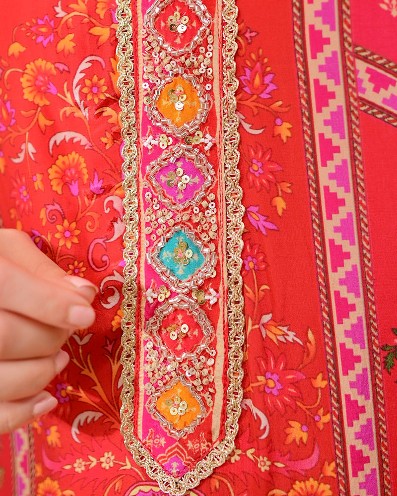 Crimson Handwork Patch Print Crepe Suit