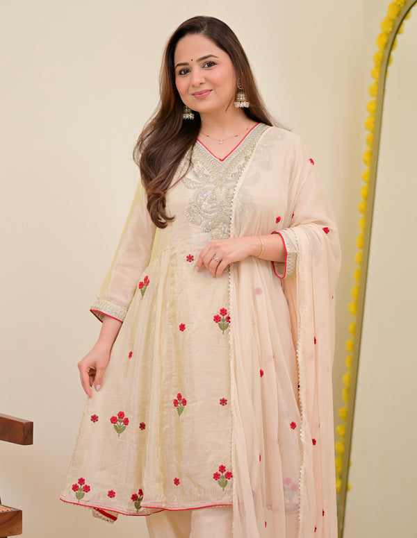 Ivory Shimmer Tissue Handwork A Line Festive Suit