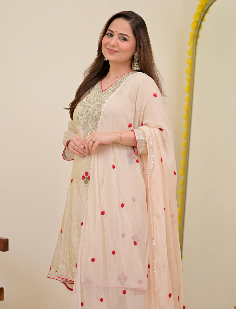Ivory Shimmer Tissue Handwork A Line Festive Suit