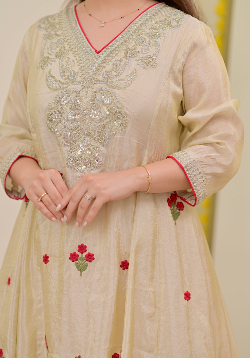 Ivory Shimmer Tissue Handwork A Line Festive Suit