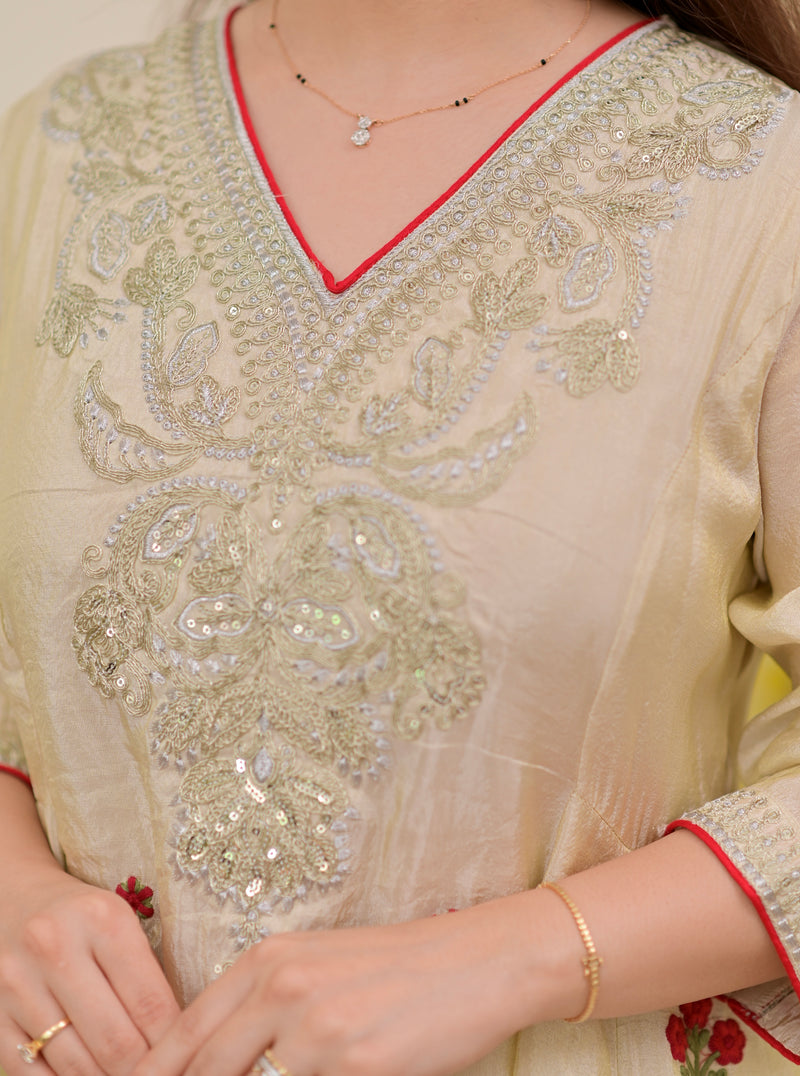 Ivory Shimmer Tissue Handwork A Line Festive Suit
