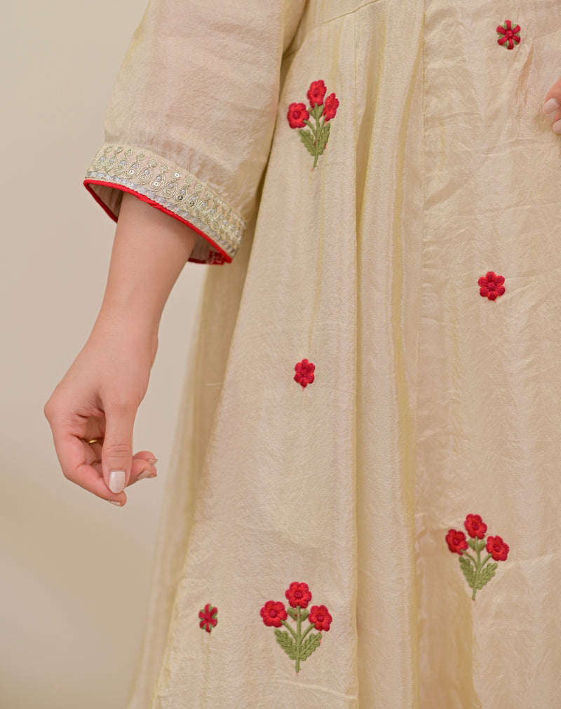 Ivory Shimmer Tissue Handwork A Line Festive Suit