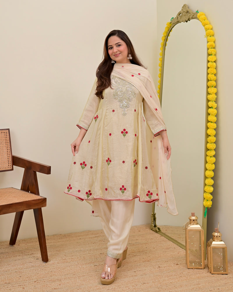 Ivory Shimmer Tissue Handwork A Line Festive Suit