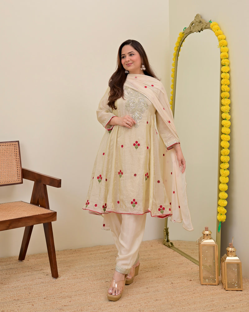 Ivory Shimmer Tissue Handwork A Line Festive Suit