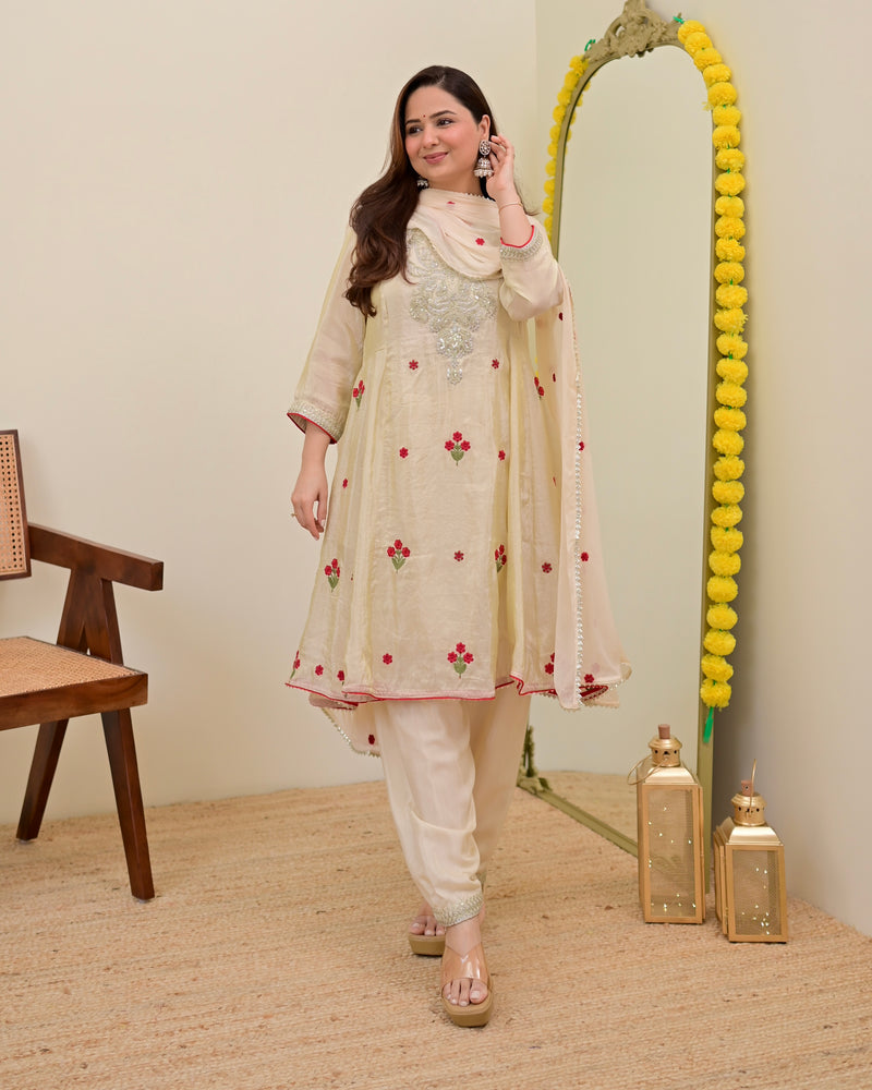Ivory Shimmer Tissue Handwork A Line Festive Suit