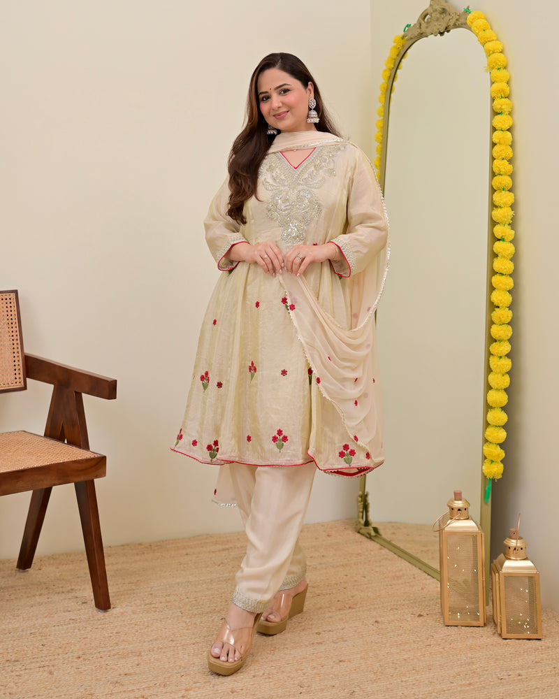 Ivory Shimmer Tissue Handwork A Line Festive Suit